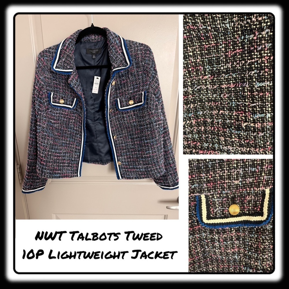NWT Talbots Tweed Lightweight Jacket 10P black, white, cobalt, lilac, pink